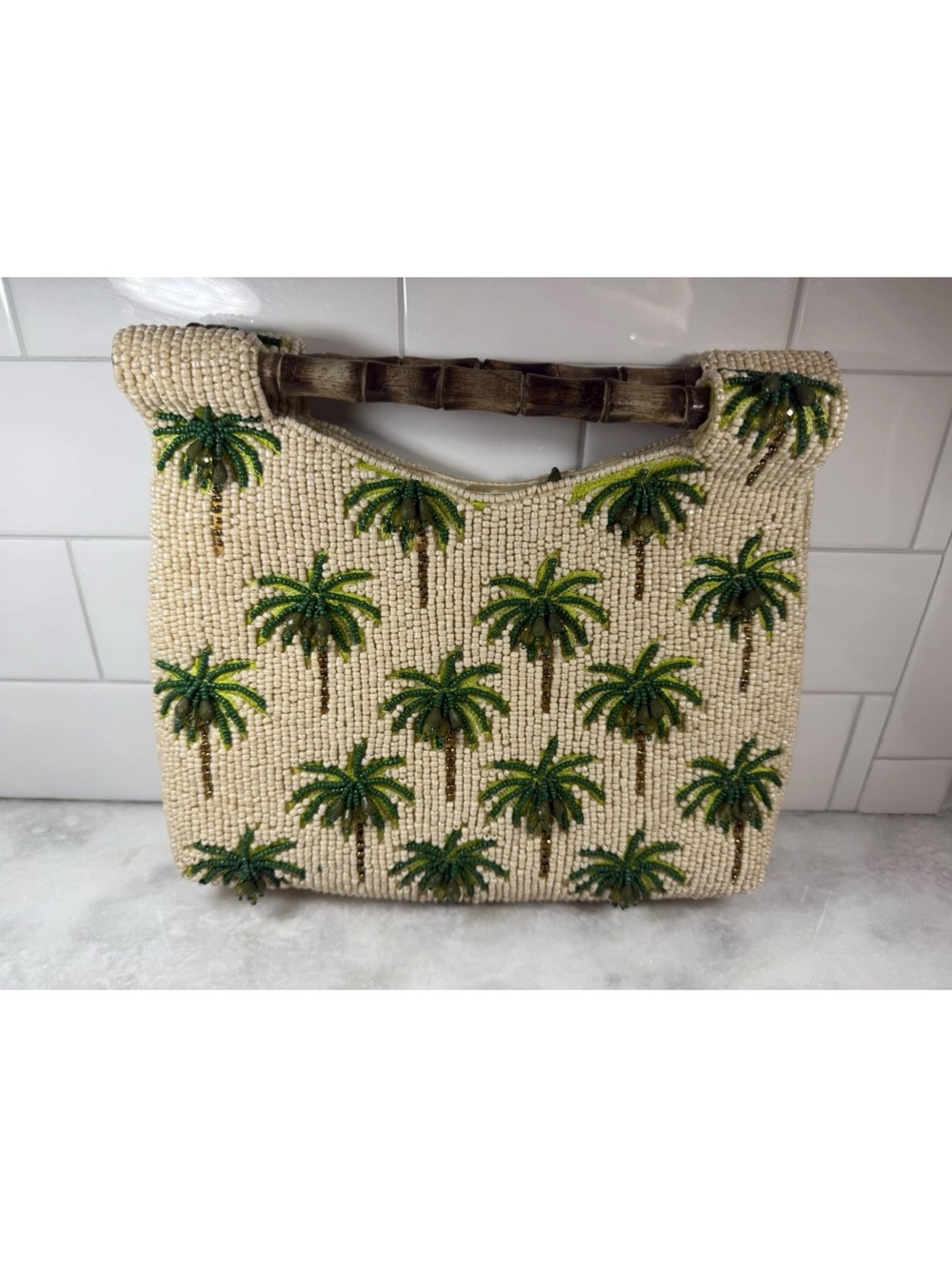 New Release Handcrafted in India Beaded Bag Bamboo Handles Tropical Palm Trees